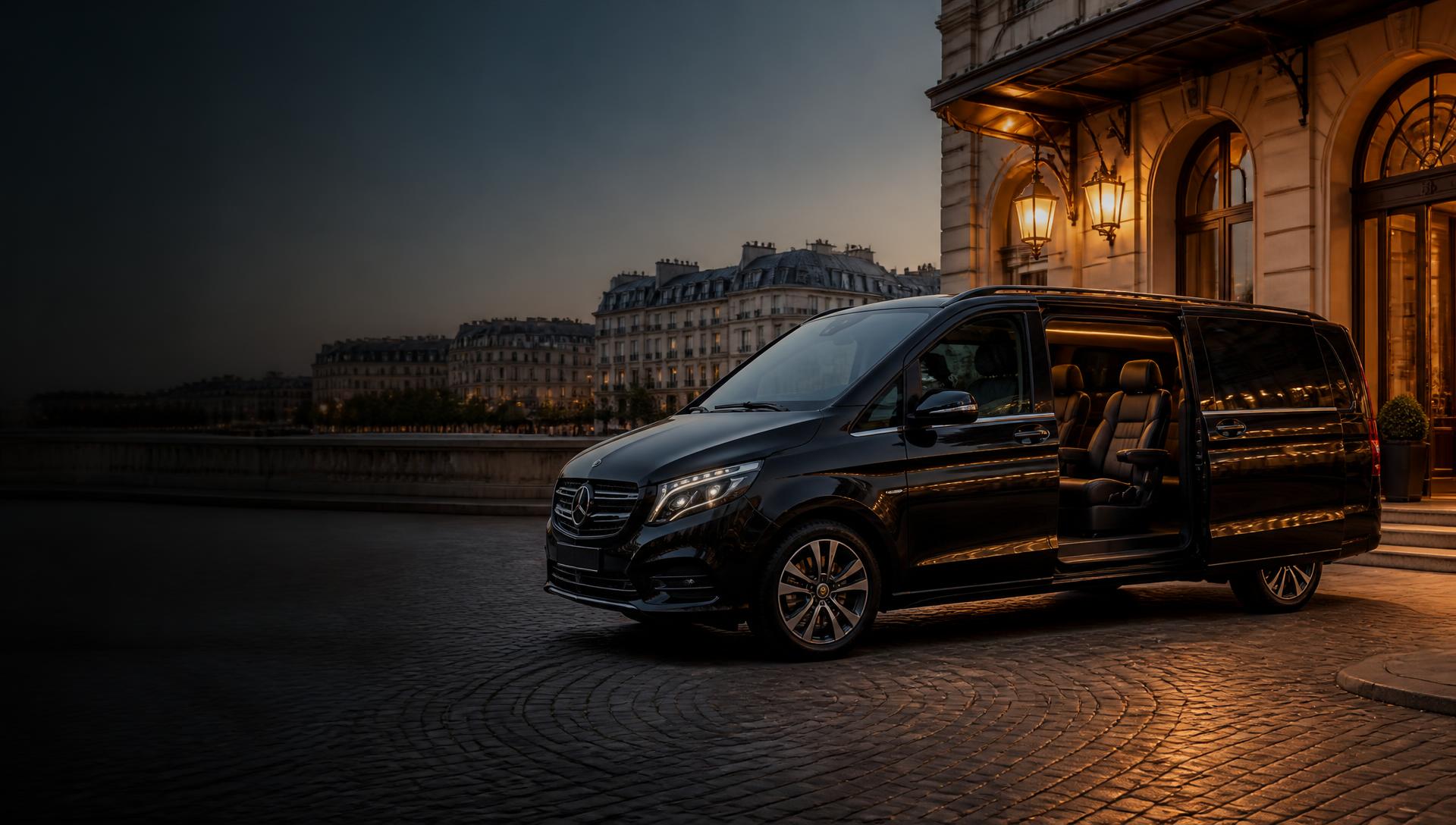 Black Mercedes-Benz V-Class chauffeur van with its passenger sliding door open at a luxury European hotel entrance during golden hour